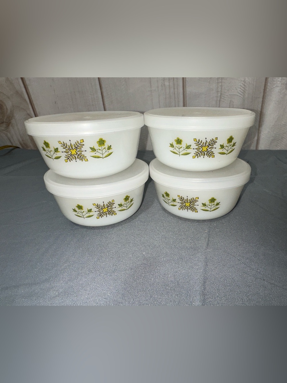 Vintage Anchor Hocking Fire-King Meadow Green Milk Glass Covered Bowls Set of 4